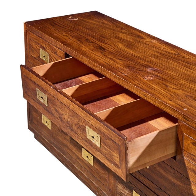 Henredon Campaign Mid Century Oak and Brass Lowboy Dresser For Sale In Chicago - Image 6 of 10