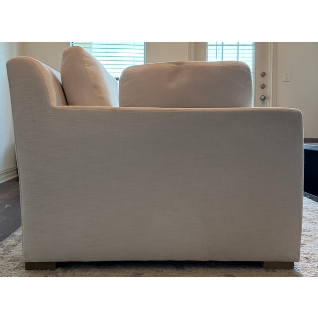 Modern Restoration Hardware 9' Belgian Track Arm Bench-Cushion Sofa in Perennials Performance Linen For Sale - Image 3 of 8