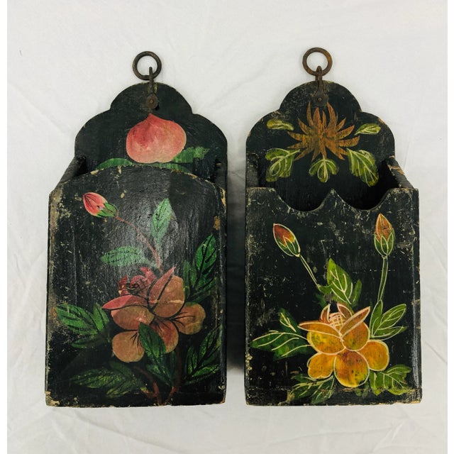 Stunning Antique Hand Painted Wooden Letter (Mail) Boxes that Hang By Hand Forged Iron. Beautiful floral detail and...