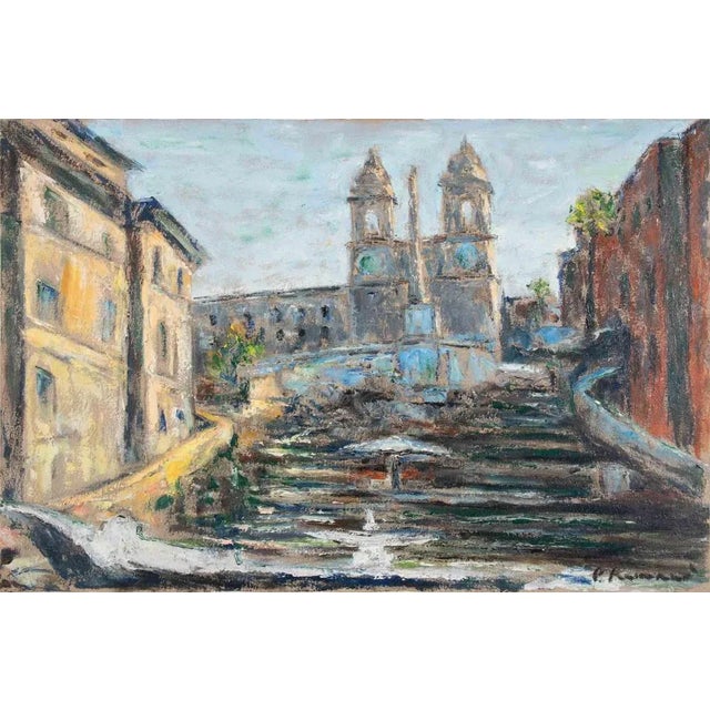 1990s Pino Romanò, View of Trinità dé Monti, Rome, Oil Painting, 1990s For Sale - Image 5 of 5