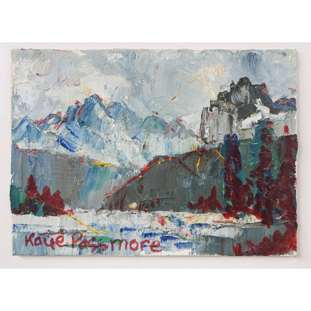 Vintage modernist mountian landscape painting. Signed Kaye Passmore lower left corner. Unframed, edge wear.