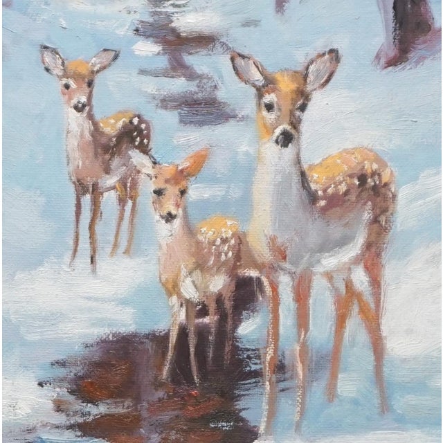 Original oil painting by Sean Wu, A family of deer by the snowy stream.