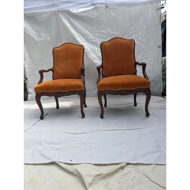 Pair of 18th Century Italian Walnut Upholstered Arm Chairs For Sale - Image 4 of 11