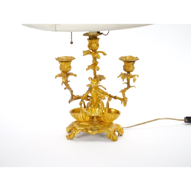 Mid 19th Century French Pair of Gilt Bronze Louis XVI-Style Three-Light Candelabra Table Lamps For Sale - Image 5 of 15