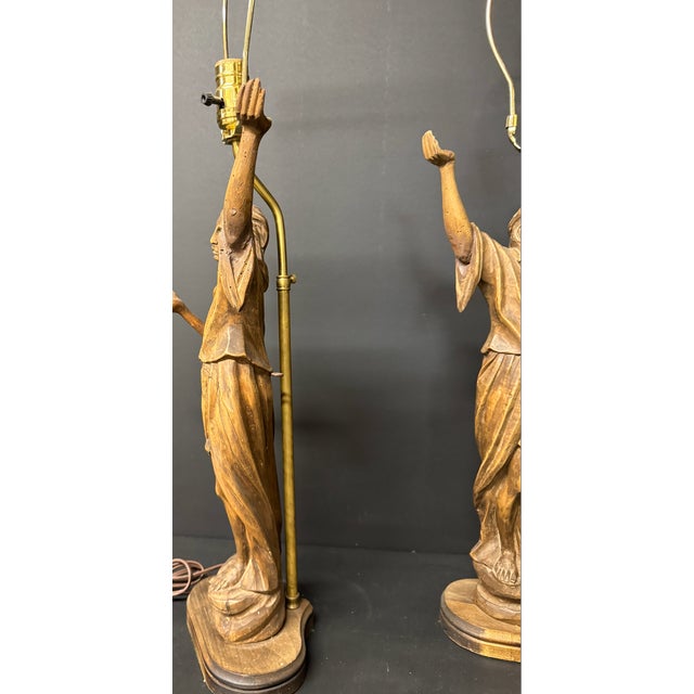 Early 20th Century Pair of Antique Walnut Carved Female Figure Lamps For Sale - Image 9 of 14
