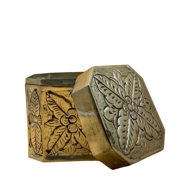 Vintage Indian Engraved Silver-Tone Octagonal Trinket Box For Sale - Image 4 of 5