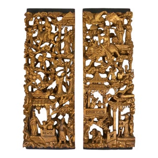 Pair Chinese Giltwood Carved Architectural Relief Panels For Sale