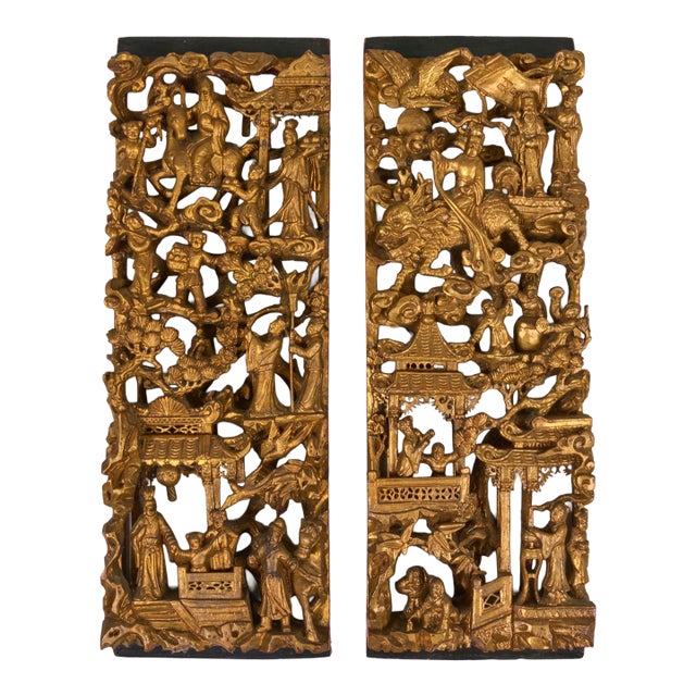 Pair Chinese Giltwood Carved Architectural Relief Panels For Sale