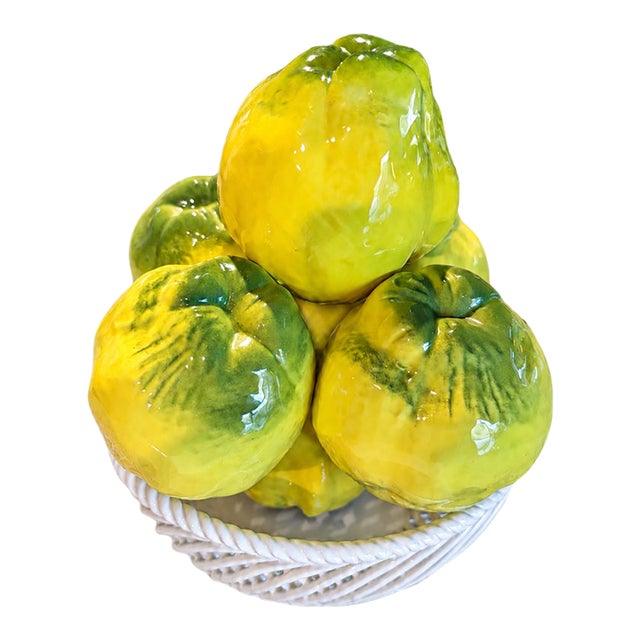 1990s Spanish Glazed Ceramic Yellow & Green Fruit Basket Centerpiece For Sale