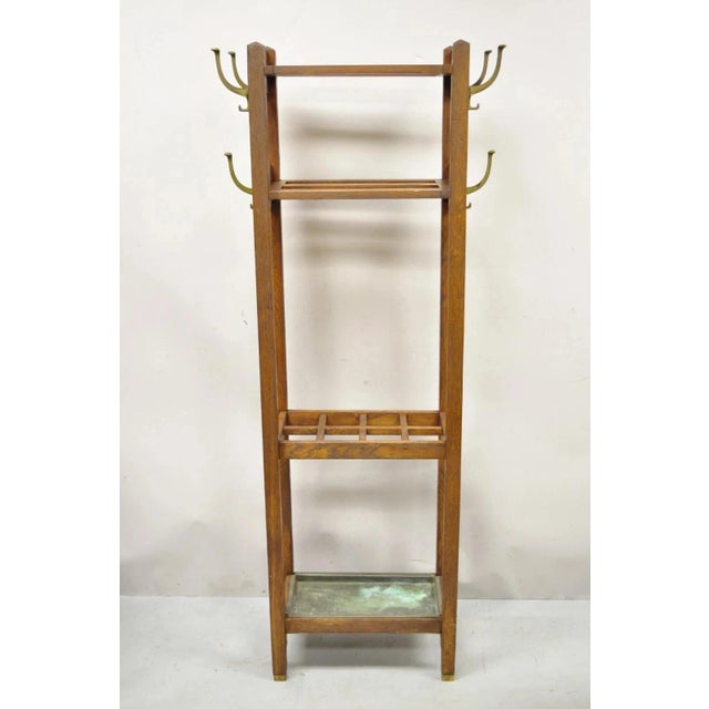 Antique Mission Arts & Crafts Oak Wood Coat Hook Hall Tree Umbrella Stand. Item features removable copper drip pan, 6...