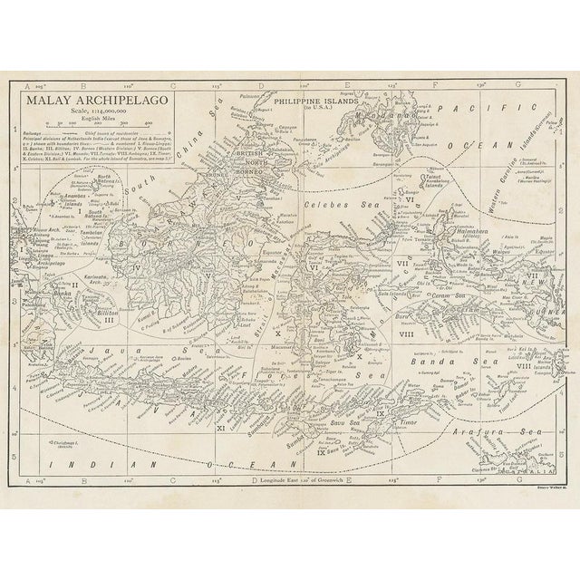 Antique map titled 'Malay Archipelago'. Old map of the Malay Archipelago including Borneo, Celebes, New Guinea, Java,...