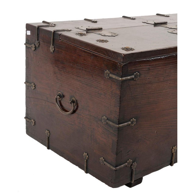 Vintage Chinese Wooden Chest with Decorations and Bronze Lock For Sale - Image 3 of 7