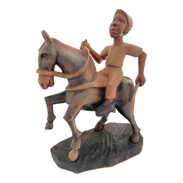 Folk Art Wood Jockey Man & Horse Sculpture For Sale