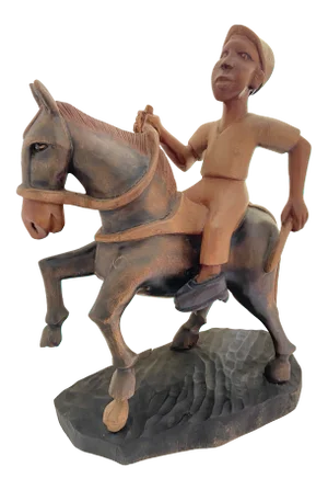 Folk Art Wood Jockey Man & Horse Sculpture