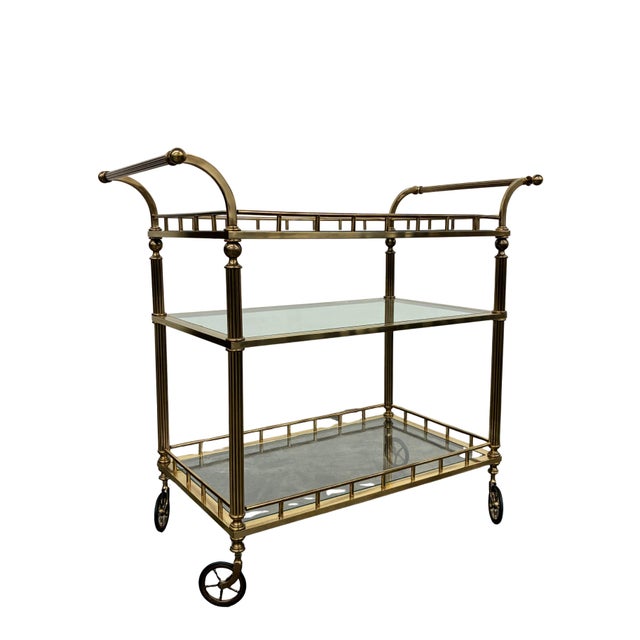 Vintage Regency Style Brass & Glass Three-Tier Bar Cart With Large Casters For Sale - Image 4 of 8