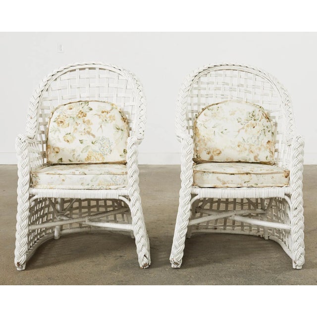 Set of Six Painted Wicker Rattan Garden Dining Armchairs For Sale - Image 4 of 12