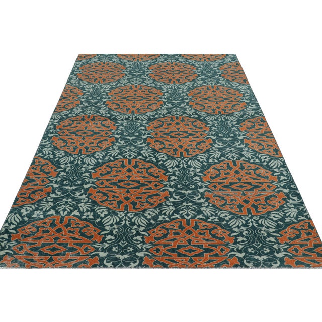 1950s Vintage Hereke Rug in Teal With Orange Arabesque Medallions | Rug & Kilim For Sale - Image 5 of 7