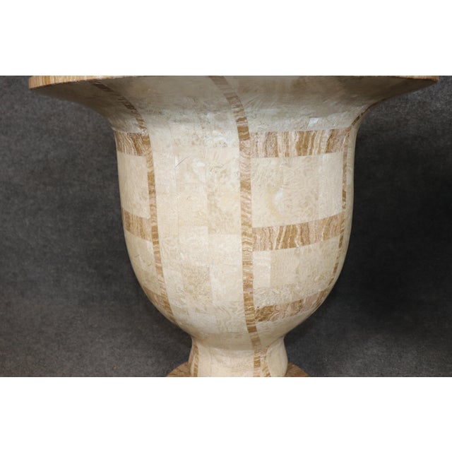Stone Pair Vintage Tessellated Travertine Campana Urns Planters For Sale - Image 7 of 10