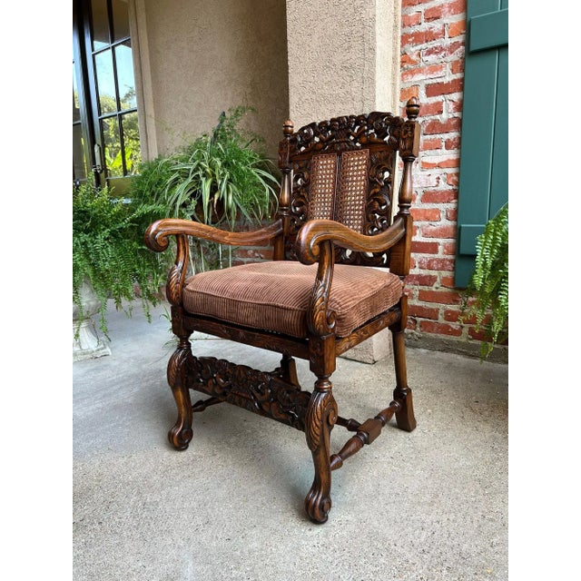 Antique English Arm Chair Carved Oak Cane Seat Renaissance Cherubs Fireside For Sale - Image 14 of 18