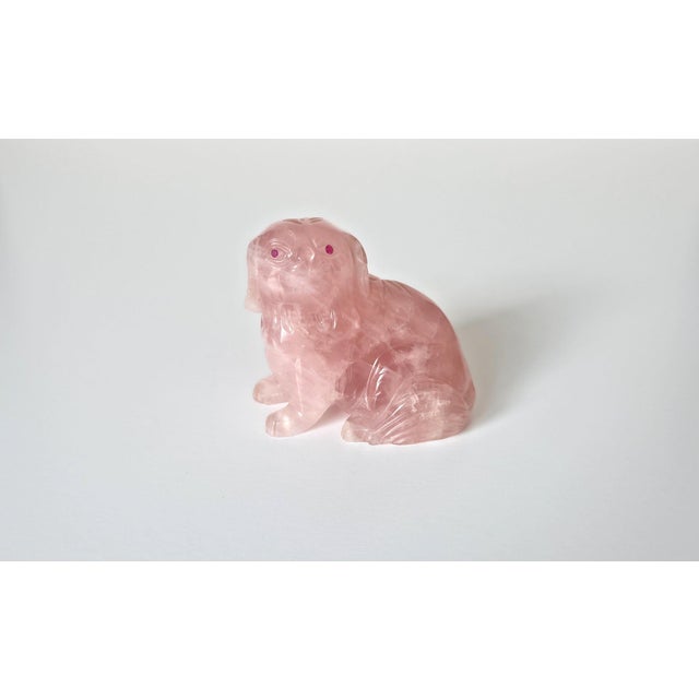 Gemstone Chinese Rose Quartz Dog Carving With Ruby Eyes, Mid-20th Century For Sale - Image 7 of 8