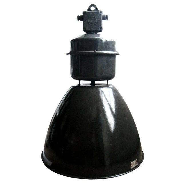 Mid-Century Industrial Black Enamel Factory Pendant Lamp For Sale - Image 9 of 9