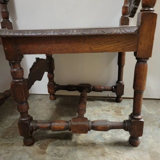 19th C English Jacobean English Carved Oak Hall Chairs - a Pair For Sale - Image 10 of 11