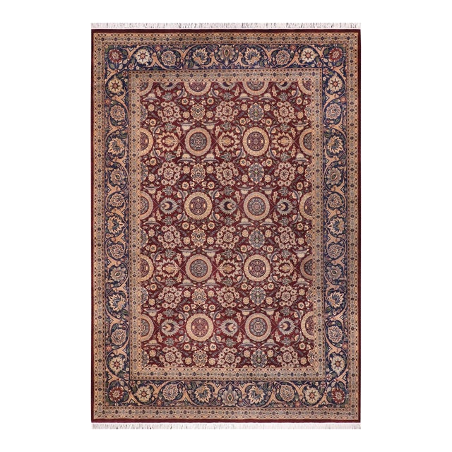 Shabby Chic 1990's Agra Tabriz Pak-Persian Burgundy/Blue Wool Rug - 9'3'' X 13'2'' For Sale