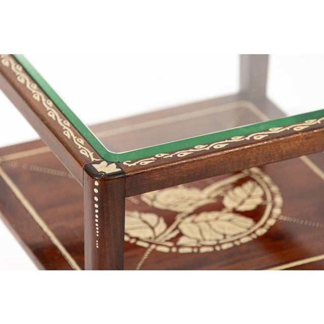 Brown Antique French Art Nouveau Small Handpainted Mahogany Wood & Glass Side Table For Sale - Image 8 of 11