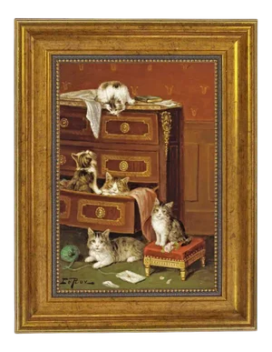 "Musical Kittens; A New Hiding Place" Contemporary Reproduction Print on Canvas After Jules Leroy, Framed 15-1/2" X 18-1/2".
