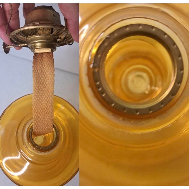 Vintage Amber Glass Kerosene Oil Lamp With P&a Eagle Burner and Chimney For Sale - Image 9 of 11