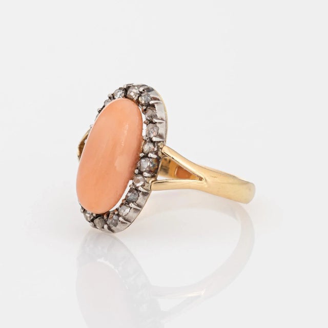 Antique Victorian Coral Diamond Ring Sz 5 Small Oval Cocktail Fine Jewellery For Sale - Image 4 of 6