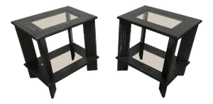 Pair of Petite Black Cerused Oak Postmodern Side Tables With Smoke Glass Inserts – 1980s