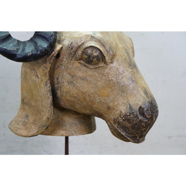 Vintage Indo Persian Carved Wood Ram Head Bust Sculpture on Stand 18" For Sale - Image 11 of 16