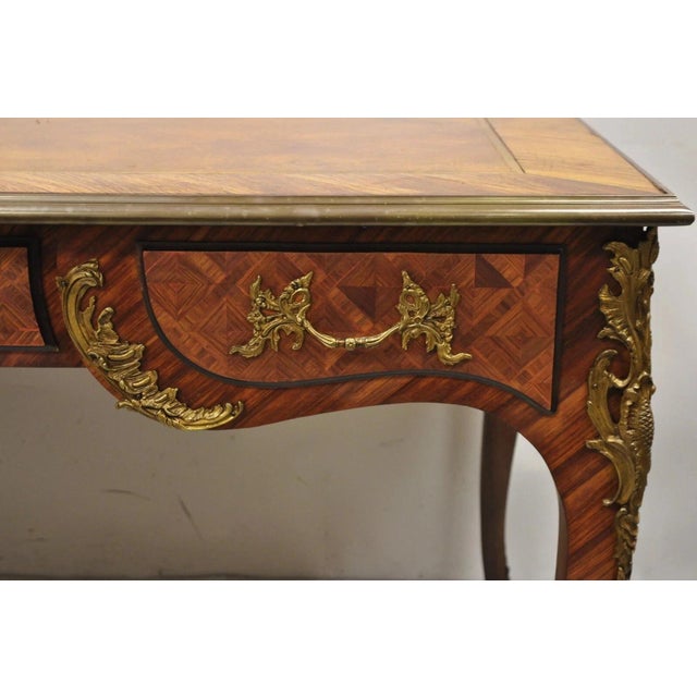 Mid 20th Century Vintage French Louis XV Style Figural Bronze Ormolu Leather Top Desk Bureau Plat For Sale - Image 5 of 12