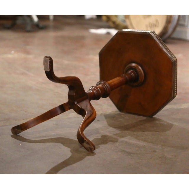 Vintage English Leather Top Walnut and Brass Octagonal Martini Side Table For Sale - Image 9 of 9