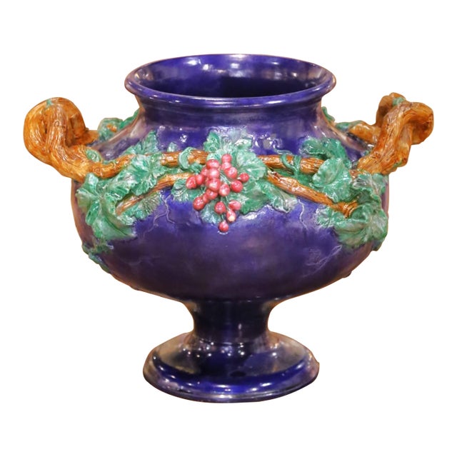 19th Century French Barbotine Terracotta Urn Signed MI De Sèvres 1858 For Sale