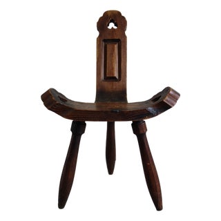 Brutalist Tripod Chair in Carved Wood, France, 1960s For Sale