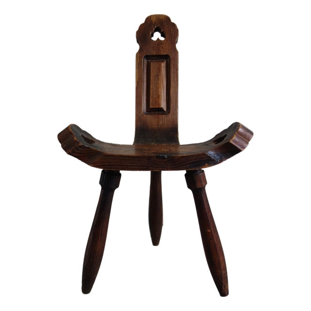 Brutalist Tripod Chair in Carved Wood, France, 1960s For Sale