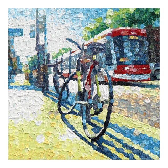 Sound and Motion - Original Urban Bicycle Still Life Pointillist Acrylic Painting For Sale