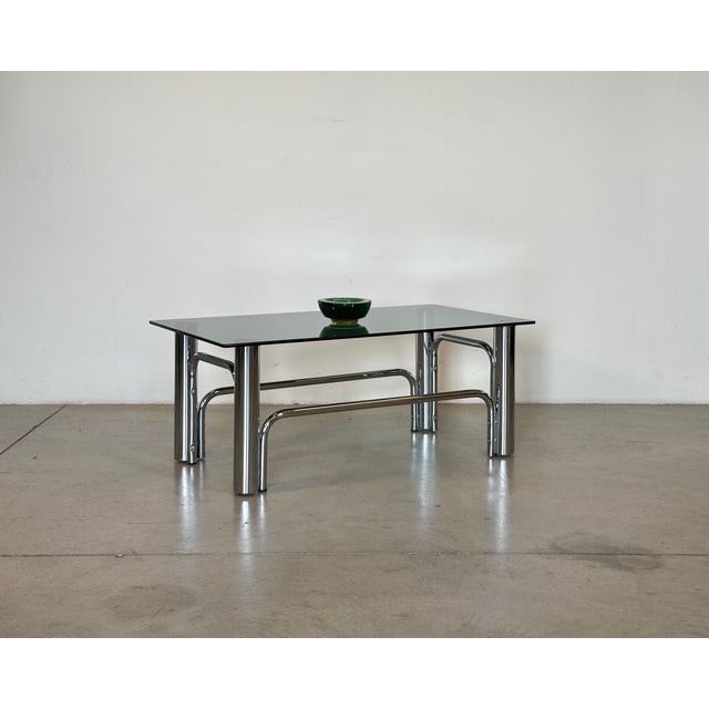 1970s coffee table, chromed steel frame and smoked glass top