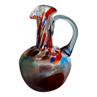 Late 20th Century Hand Blown Studio Art Glass Pitcher With Abstract Color Inclusions For Sale