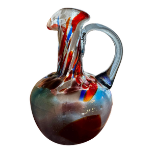 Late 20th Century Hand Blown Studio Art Glass Pitcher With Abstract Color Inclusions