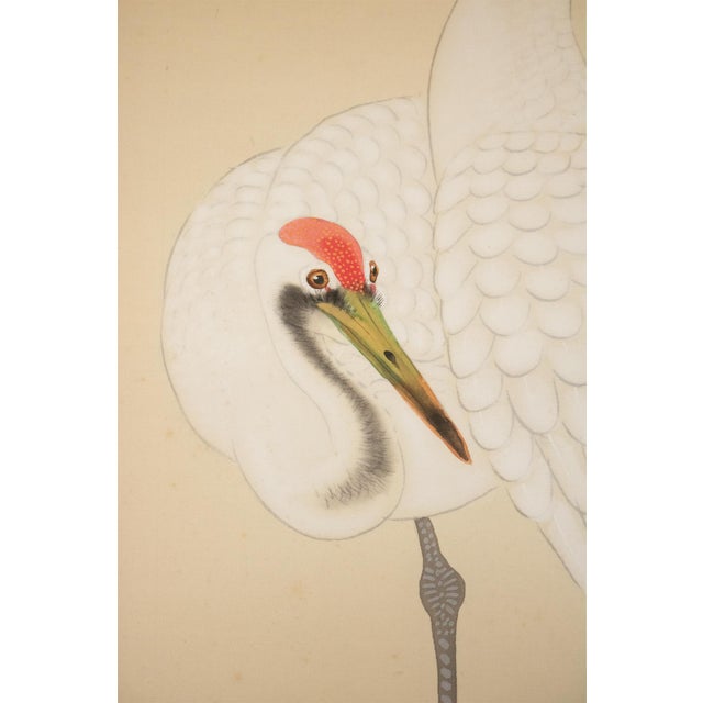 Textile Taisho to Showa Era Japanese Silk Scroll Painting "Two Cranes and a Pine Tree" For Sale - Image 7 of 18