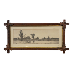Late 19th Century Antique Dutch Farmhouse Barn Pond Windmill Landscape Etching 26", Framed