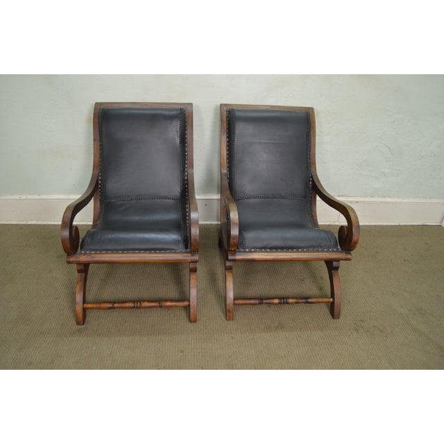 British Colonial Style Solid Teak & Leather Plantation Lounge Chairs