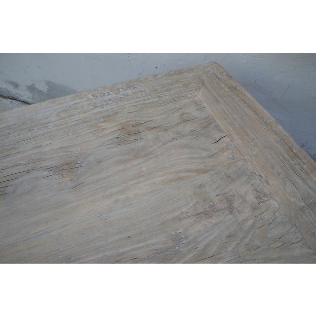 Vintage Bleached Elm Farmhouse Dining Table, with heavy post legs, upper support stetchersa mortise and tenon joined top...