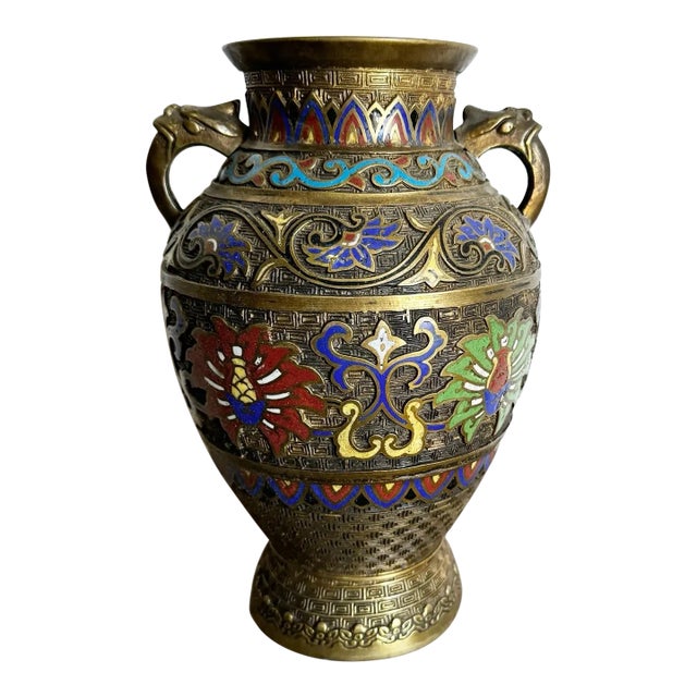 Antique Japanese Brass Enameled Chapleve Vase For Sale