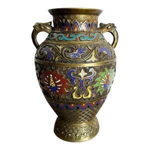 Antique Japanese Brass Enameled Chapleve Vase