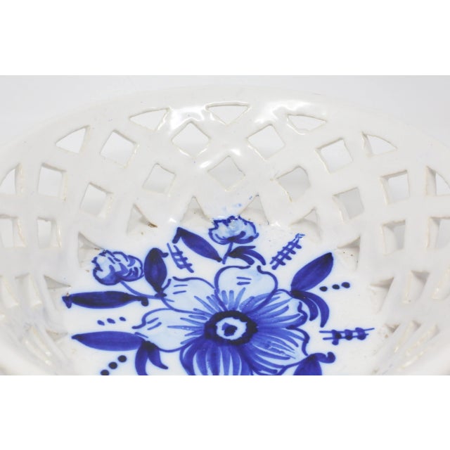 French Country Vintage Ceramic Basket-Weave Bowl With Blue Flower For Sale - Image 3 of 11