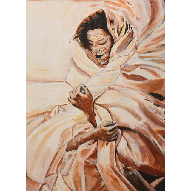 This expressive acrylic painting by Esmail Khalalfa evokes a sense of mystery and transformation. A female figure,...
